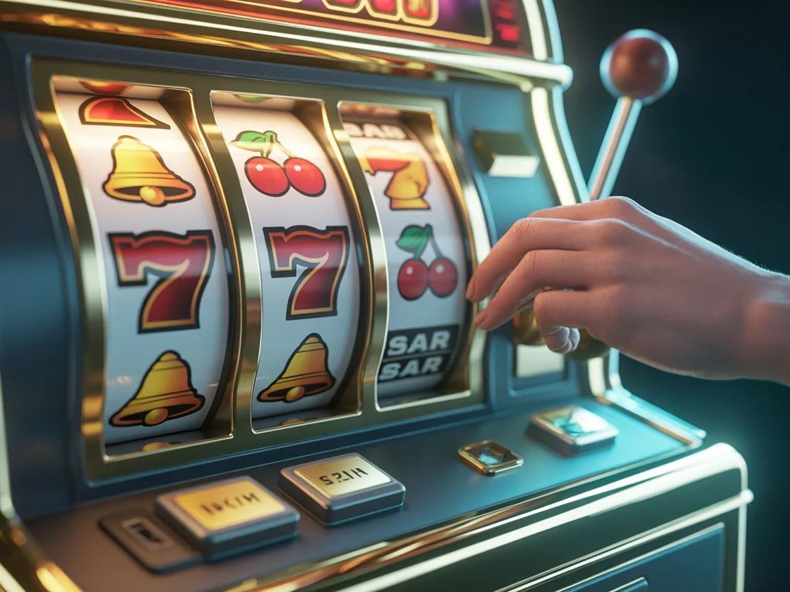 สล็อตแมชชีนที่มีสัญลักษณ์ 7 เชอร์รี่ และไวลด์ที่แสดงค่า RTP ของเกม พร้อมปุ่มหมุนที่พร้อมใช้งาน
